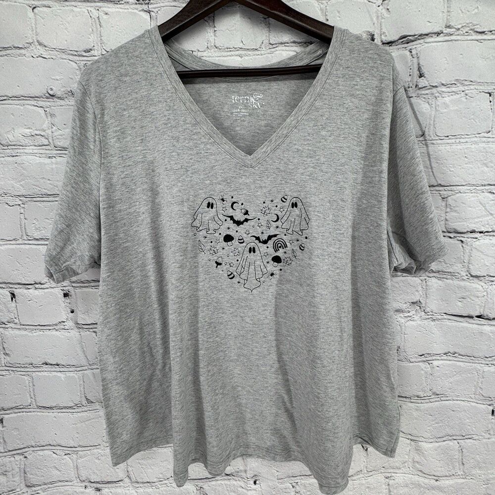 Halloween Tee Shirt Women's 2X Plus Gray V Neck Customed Embroidered SS Stretch